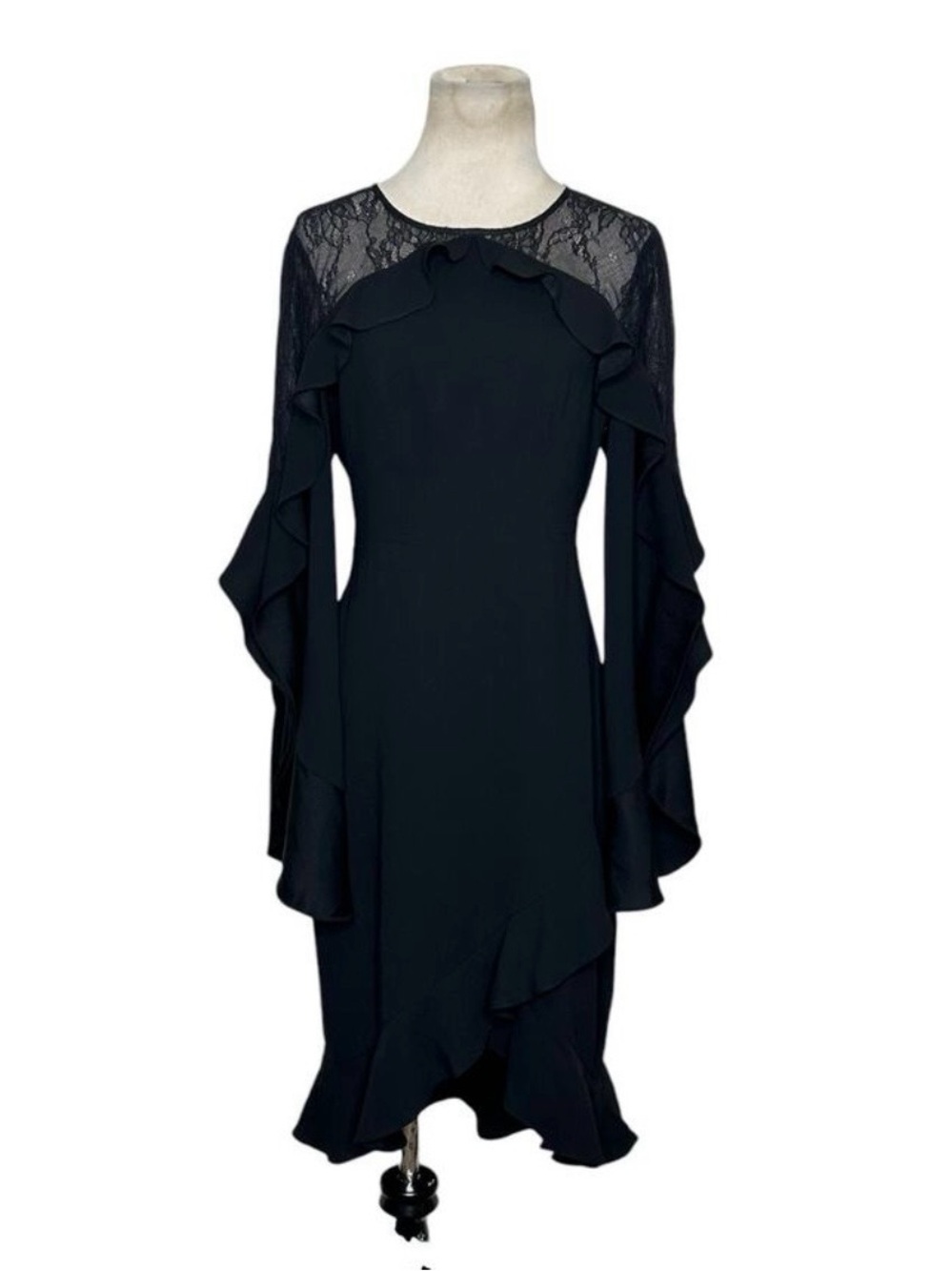 BCBGMaxAzria Black Lace Ruffle Long-Sleeve Open back Dress, size 4